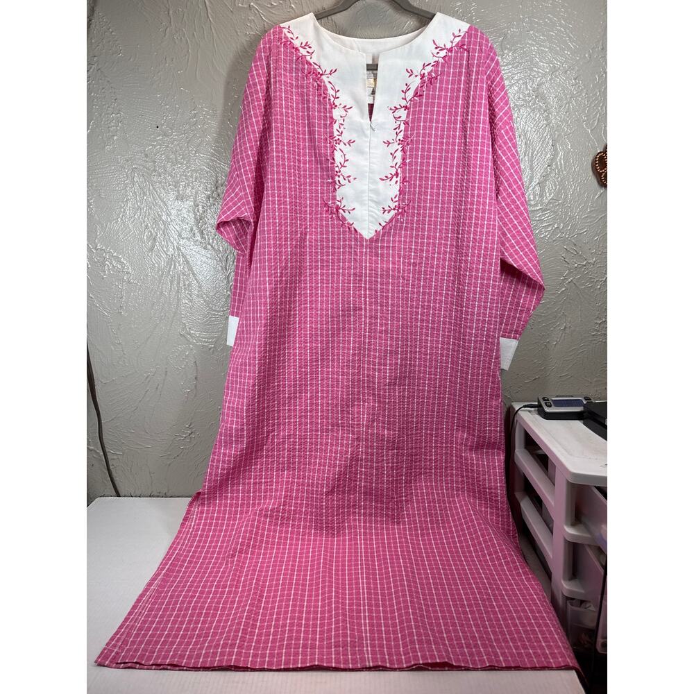 Vintage Stan Herman Housecoat Duster‎ Pink Embroidered Top Size Large